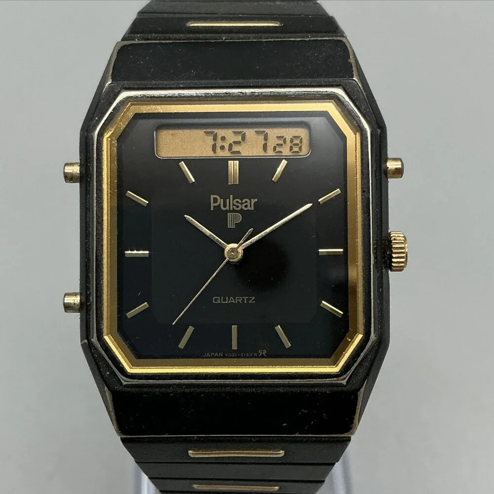 Vintage Pulsar V031-5000 Mens Watch 31mm Black Gold Tone Ana Digi New Battery 6